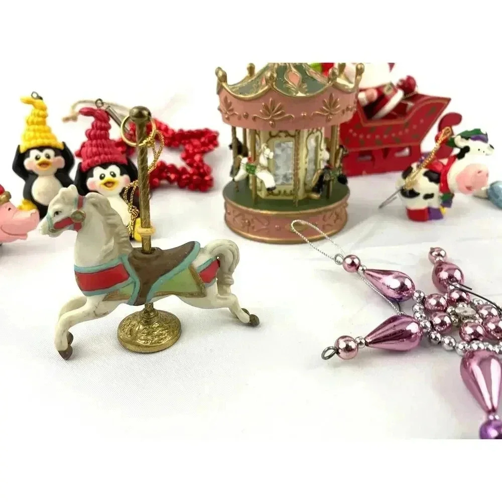 12x VTG Holiday Hanging Ornaments Christmas Sleigh Penguins Cows Santa 1990s